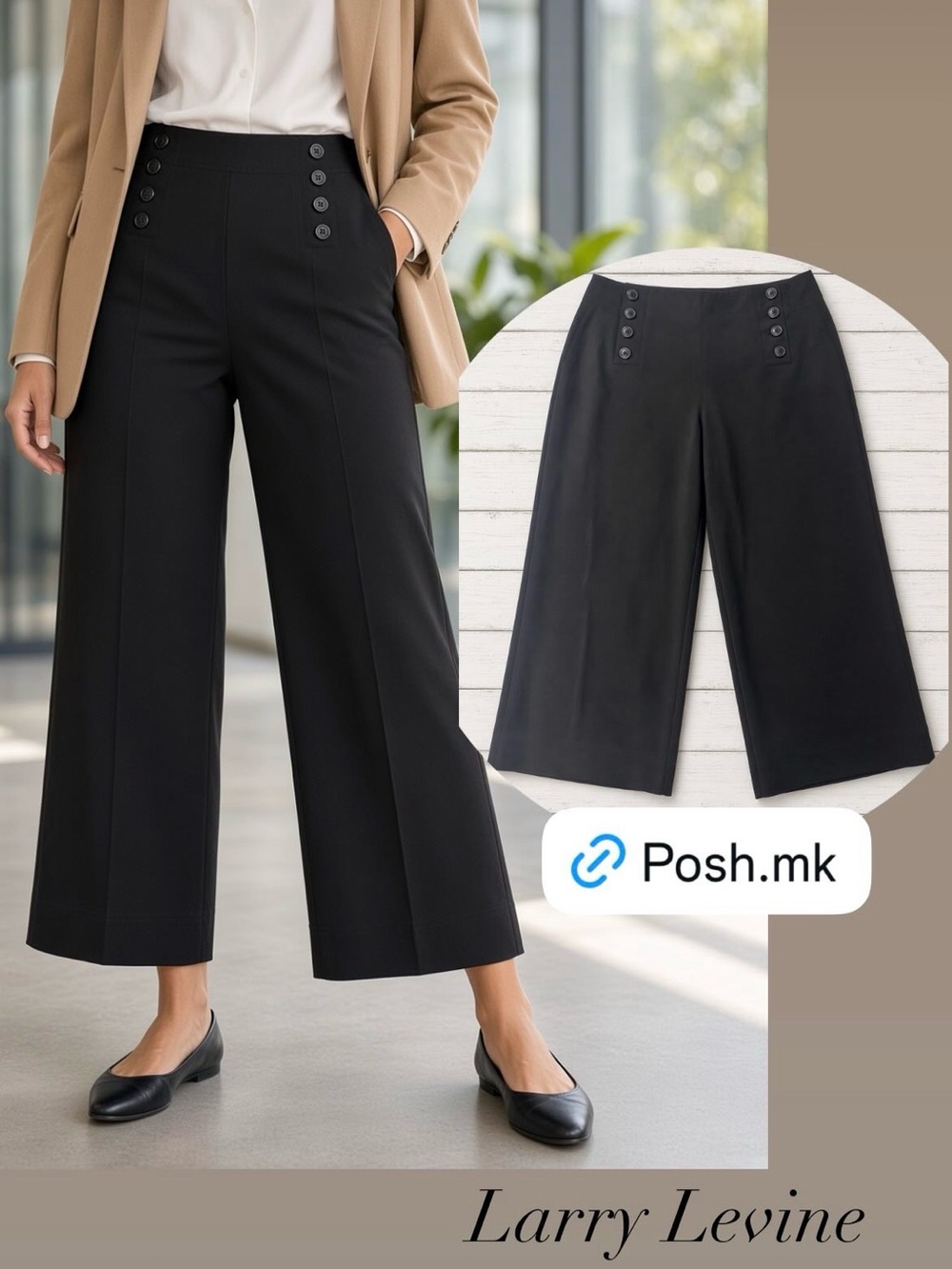 Larry Levine Stretch Black High-Waisted Capri Pants with Button Detail